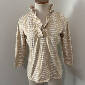 J McLaughlin Medium Durham Top in Catalina Cloth ~ 3/4 Sleeve Ruffle Classic